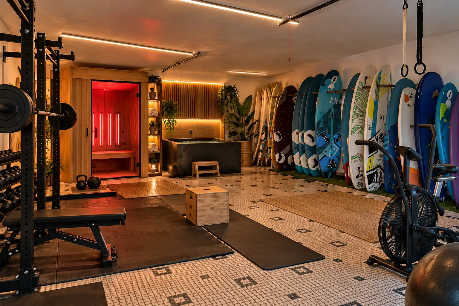 Garaje convertido en gimnasio con cabina de luz roja, baño de frío y tablas de surf