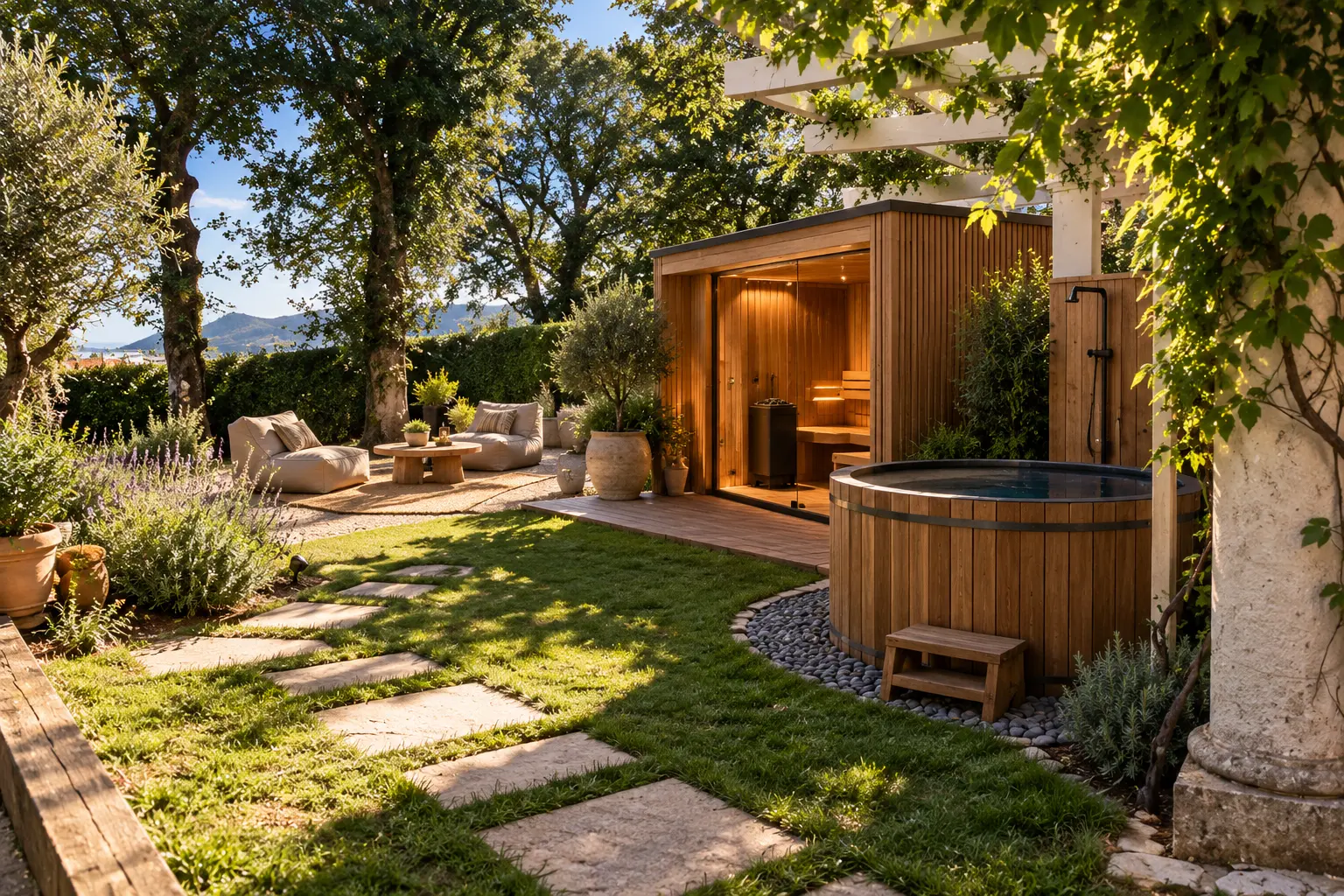 Jardín con sauna de madera, baño de frío y zona de descanso bajo los árboles