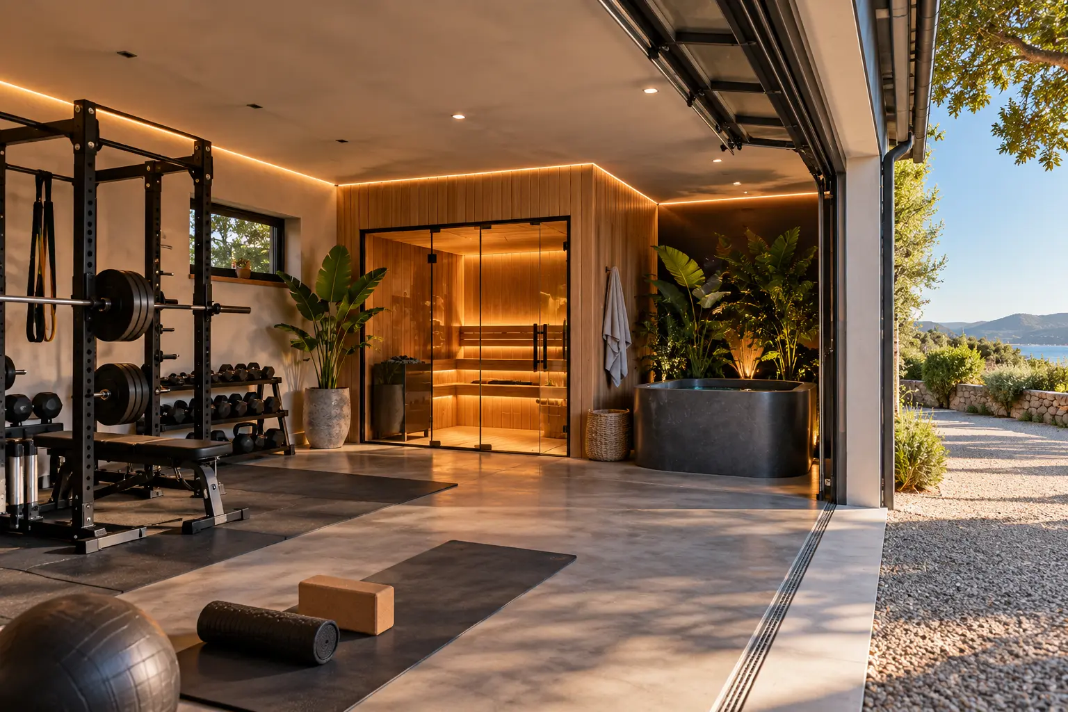 Gimnasio en casa con rack, sauna acristalada y baño de frío abierto al jardín