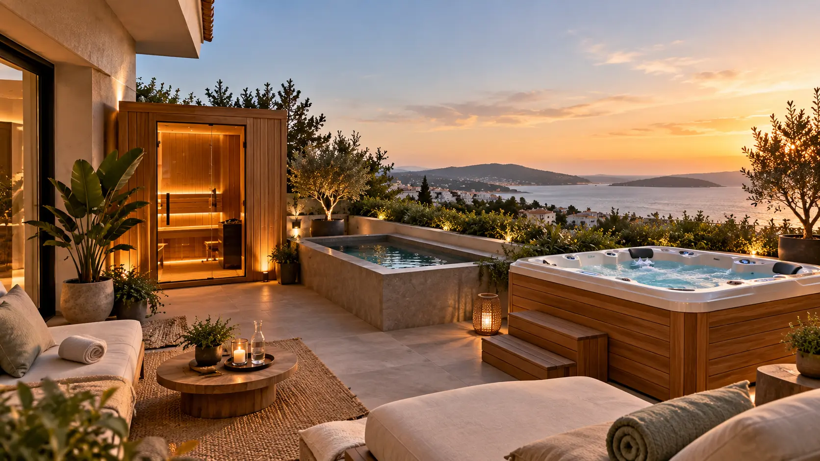 Azotea con jacuzzi, sauna y zona de descanso con vistas al mar