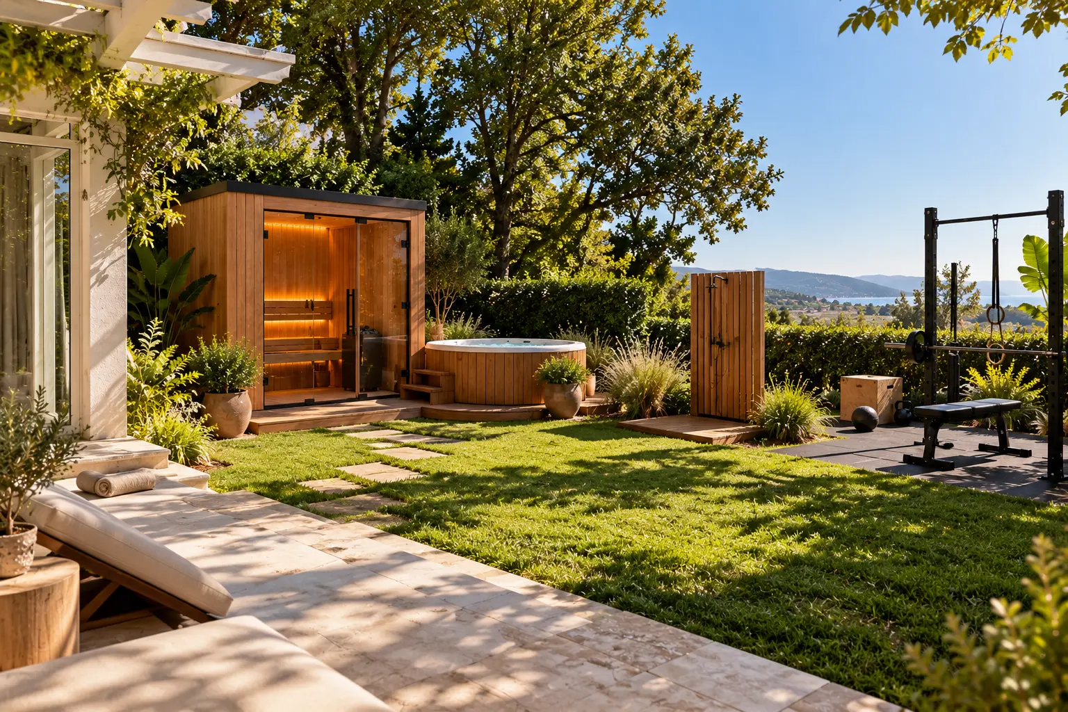 Jardín con sauna, ducha exterior de madera y estructura de entrenamiento