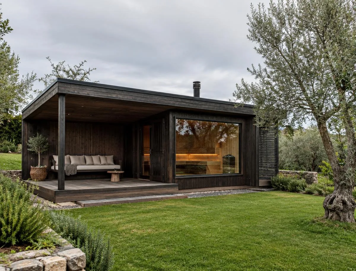 Sauna exterior con porche cubierto y zona de descanso en un jardín — ambiente conceptual