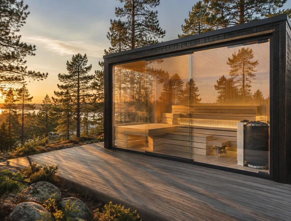 Sauna exterior con frontal acristalado sobre tarima de madera entre pinos — ambiente conceptual