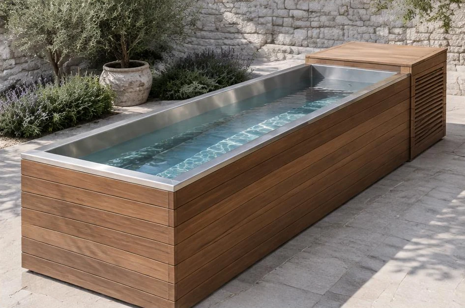 Formato reclinado de baño frío con revestimiento de madera y interior de acero — ambiente conceptual