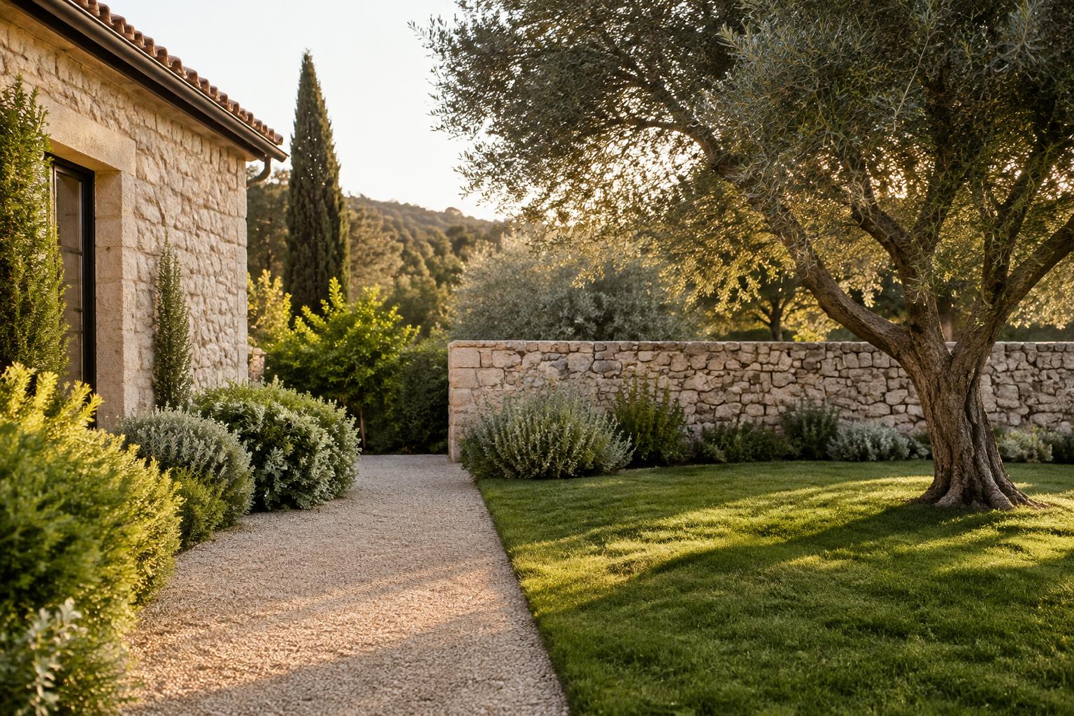 Jardín privado con un rincón de césped sin uso junto a un muro de piedra — antes