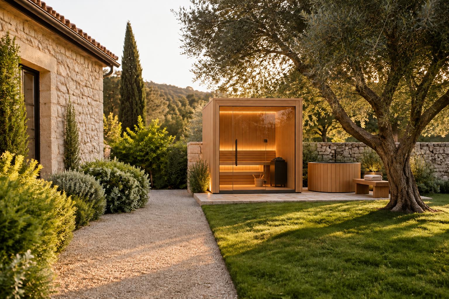El mismo jardín con una sauna exterior acristalada y un baño frío de madera junto al muro — visualización conceptual