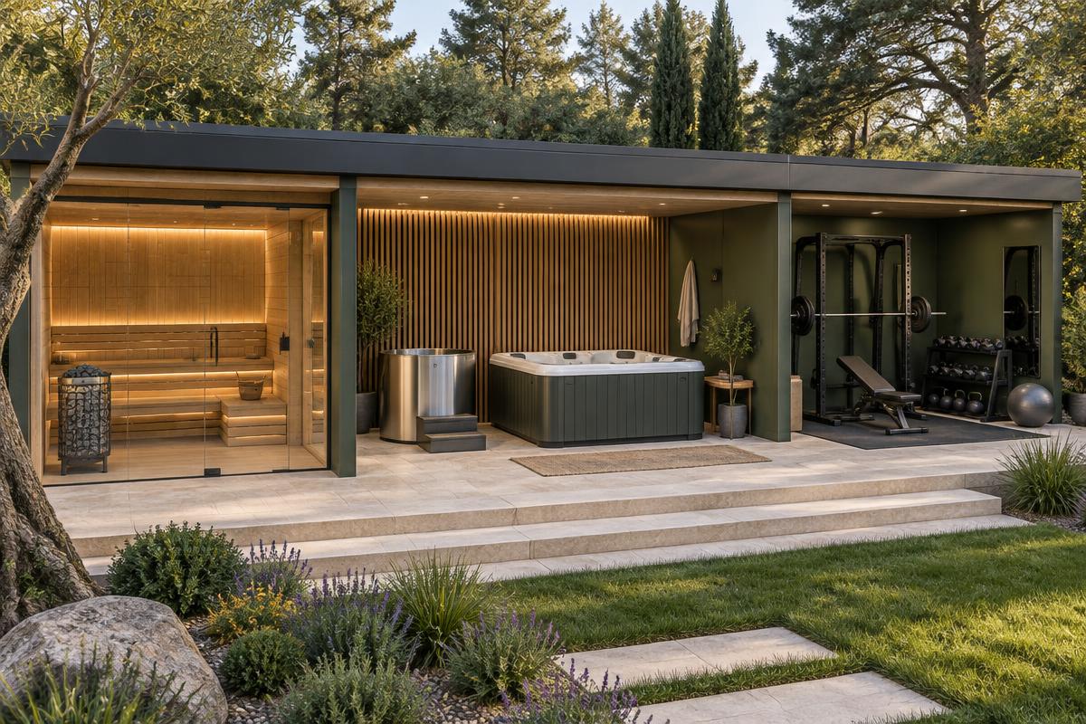 Módulo exterior conceptual con sauna, baño frío, jacuzzi y gimnasio