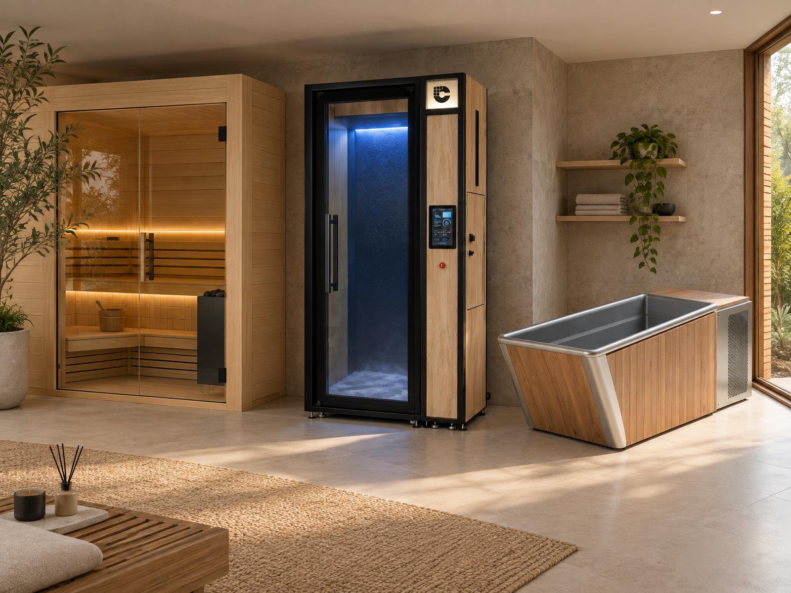 Cabina de crioterapia junto a sauna y baño frío