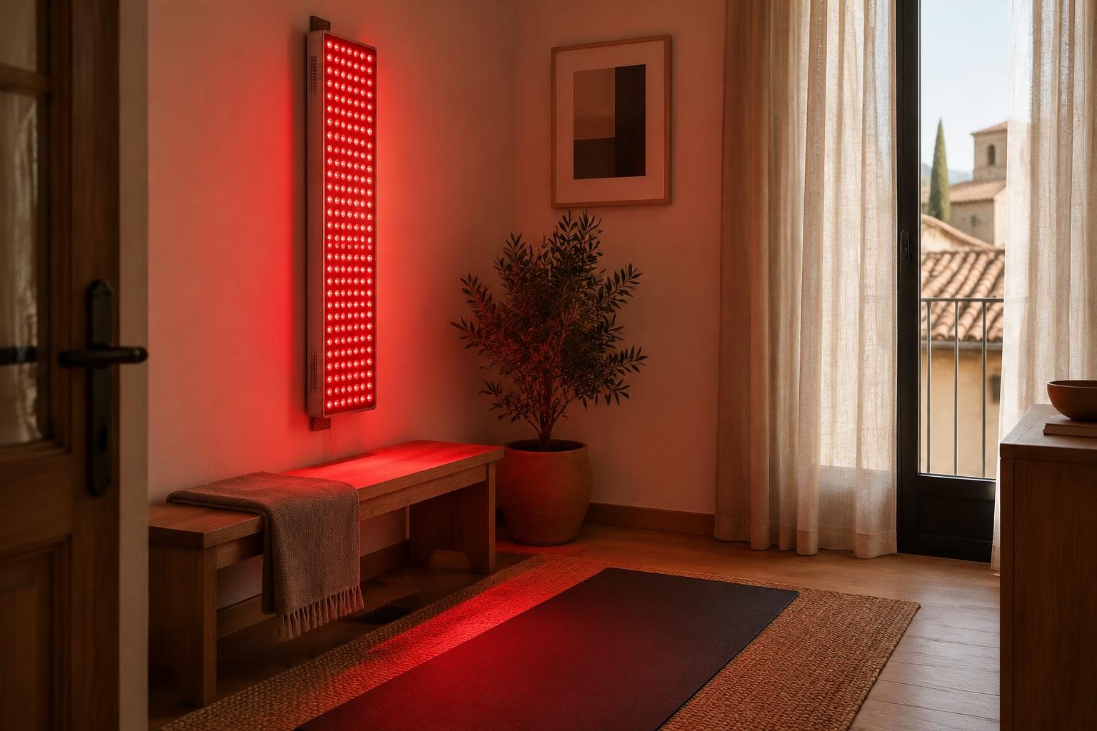 Panel de luz roja montado en la pared de una habitación de recuperación doméstica con banco y esterilla