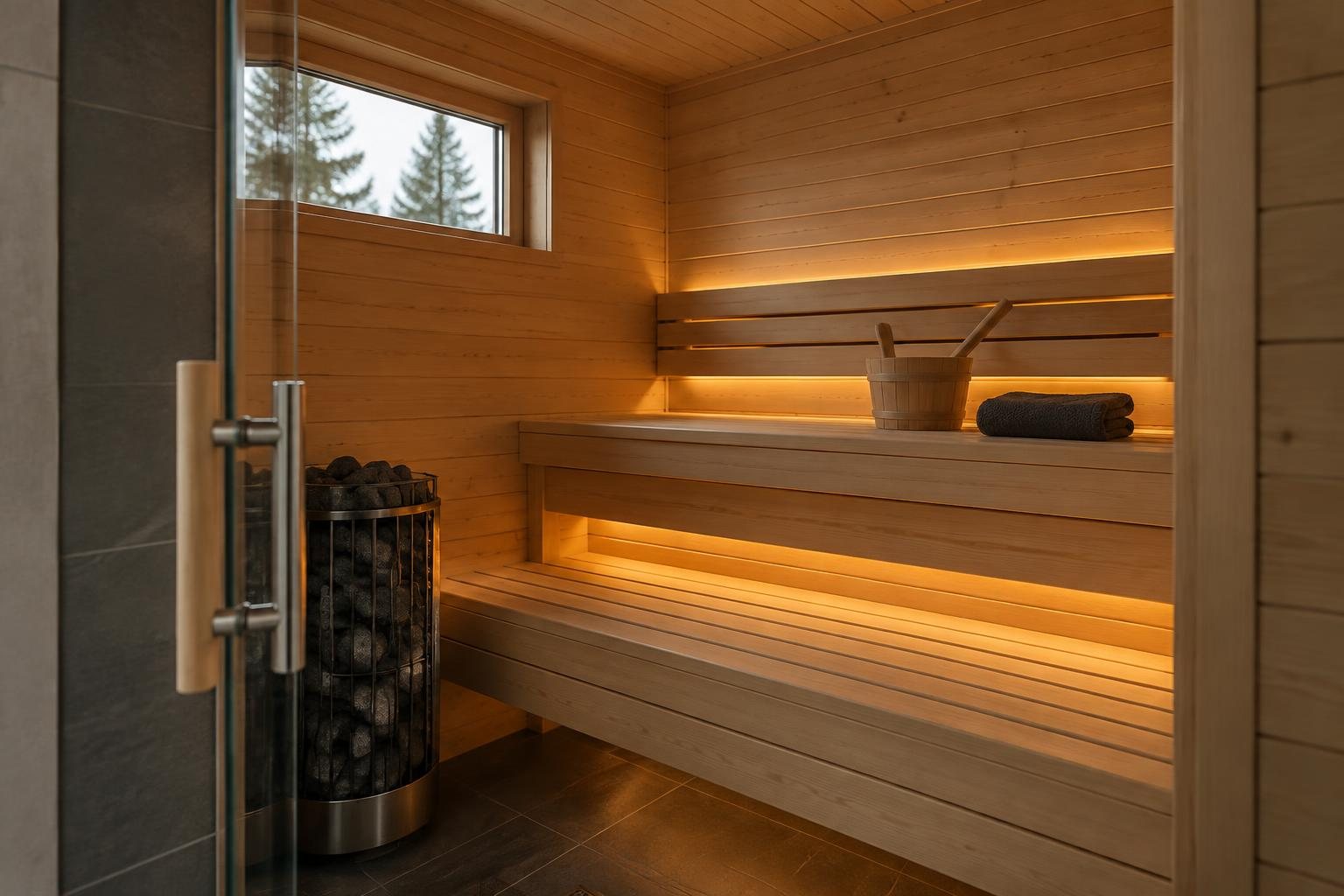 Interior de una sauna doméstica de madera con bancos, puerta de vidrio y estufa de piedras