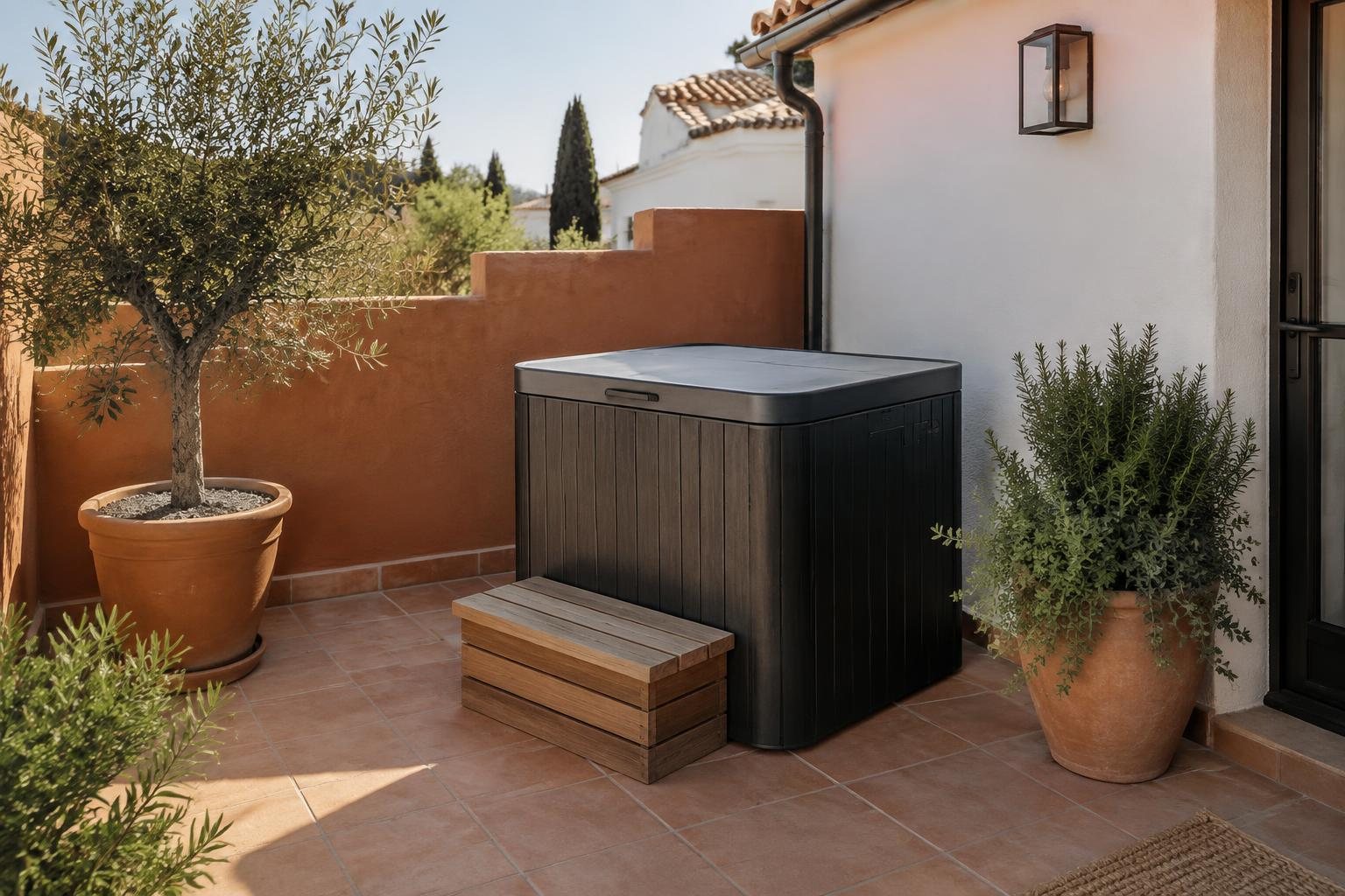 Baño de frío compacto en una terraza doméstica con espacio libre alrededor