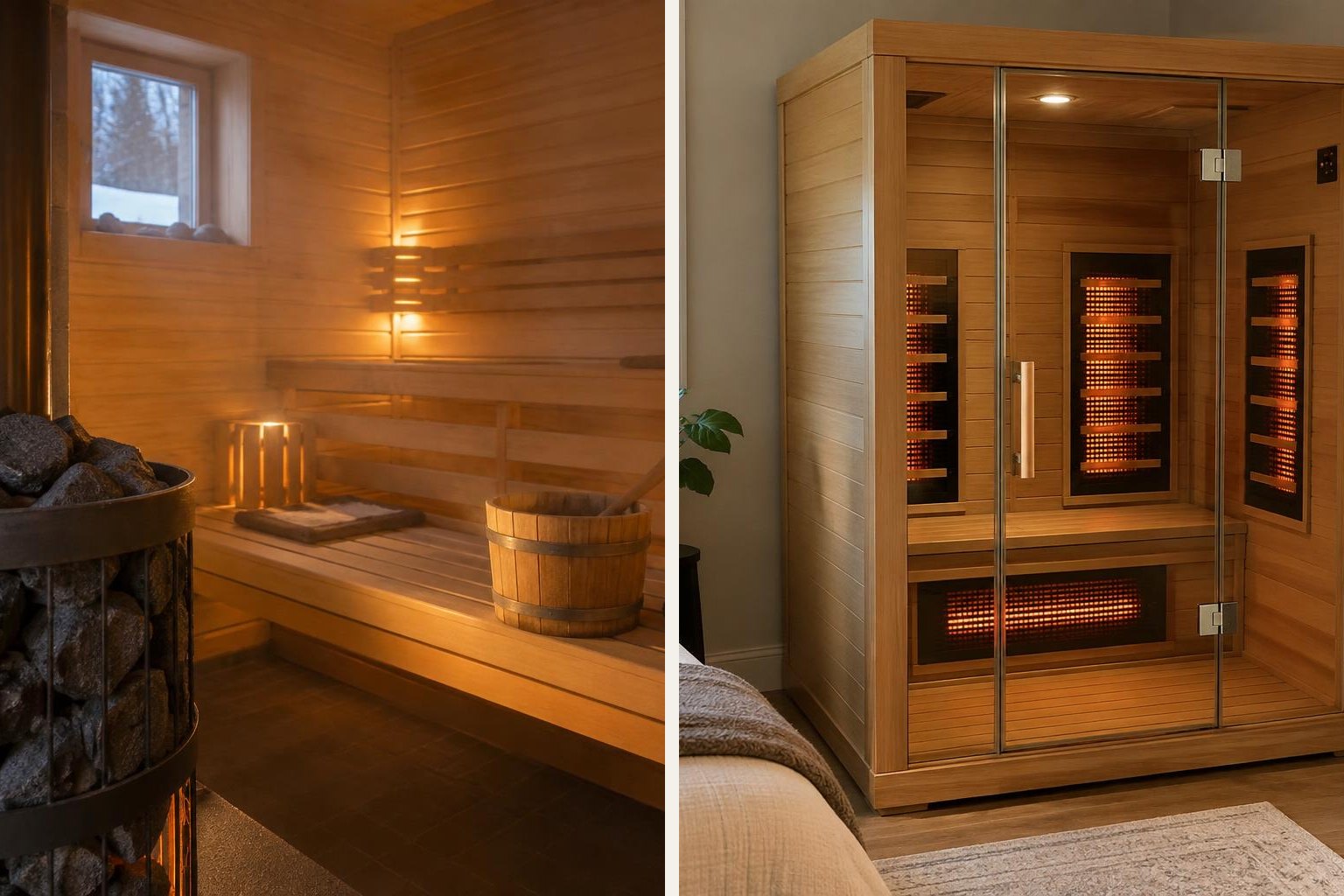 Comparativa: sauna tradicional con estufa de piedras y cabina de infrarrojos con paneles