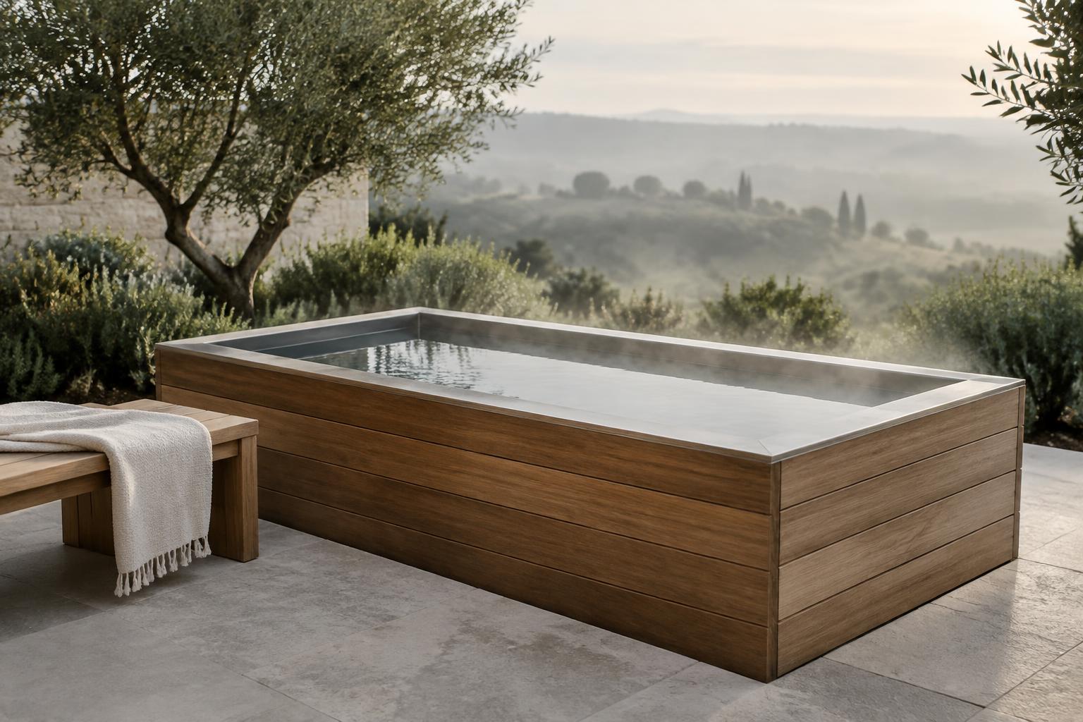 Baño frío revestido de madera en una terraza de piedra con vistas al campo — ambiente conceptual
