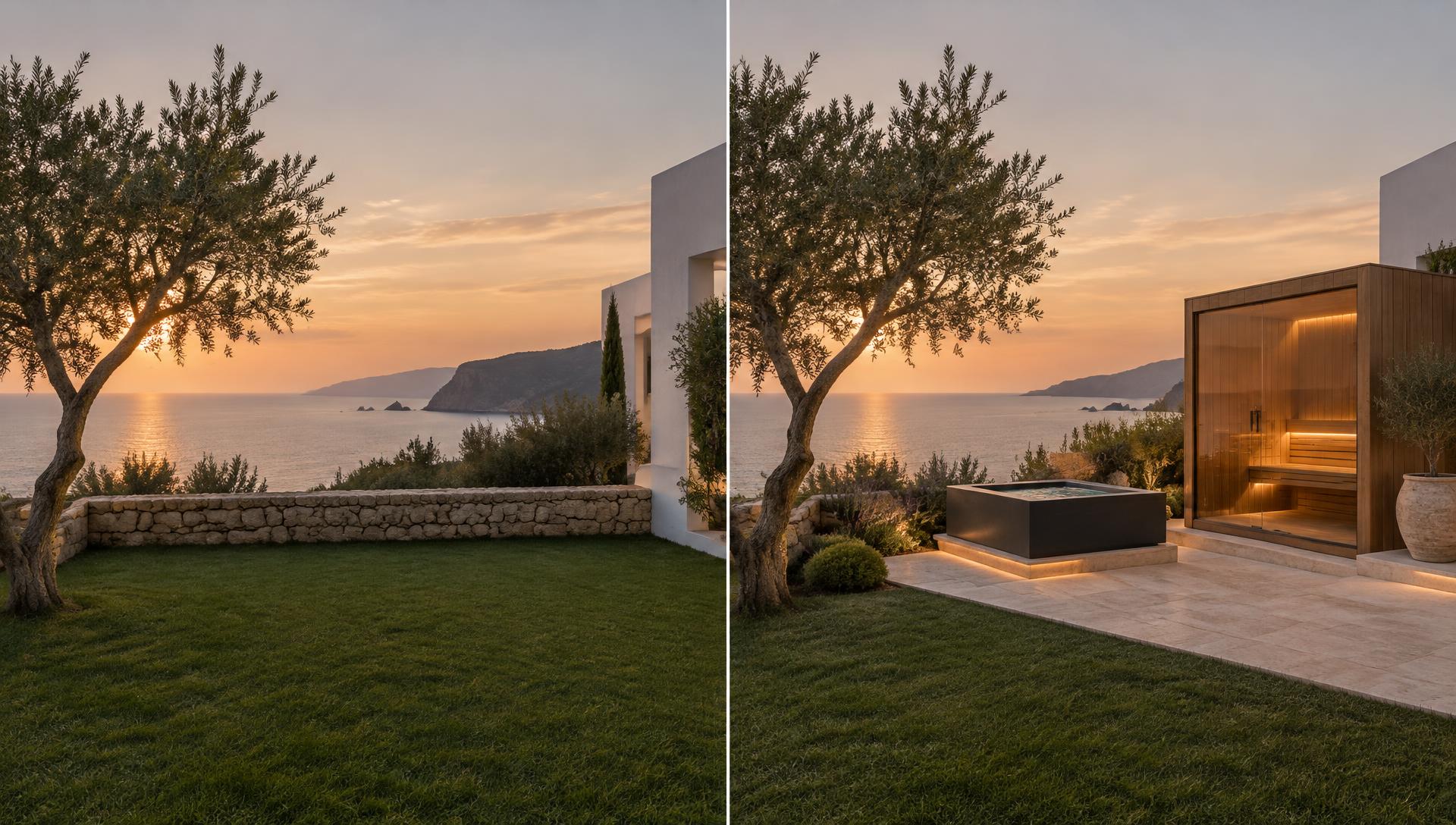 El mismo jardín junto al mar antes y después: vacío a la izquierda, con sauna exterior y baño frío a la derecha