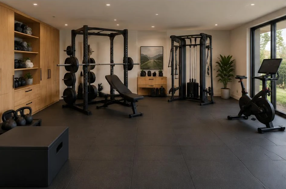 Estancia de entrenamiento con rack, poleas y bicicleta — ambiente conceptual