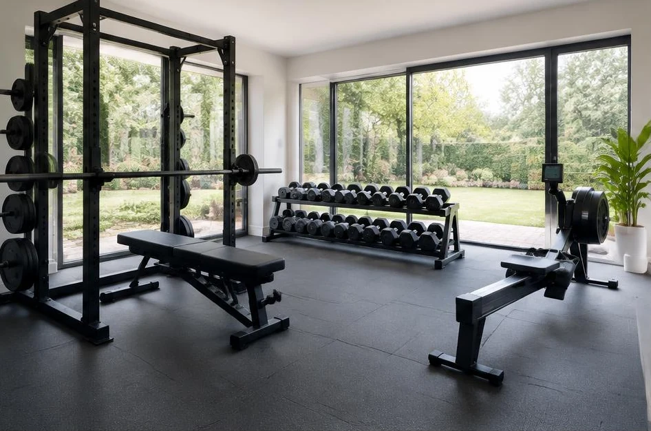 Gimnasio doméstico luminoso con rack, banco y remo — ambiente conceptual