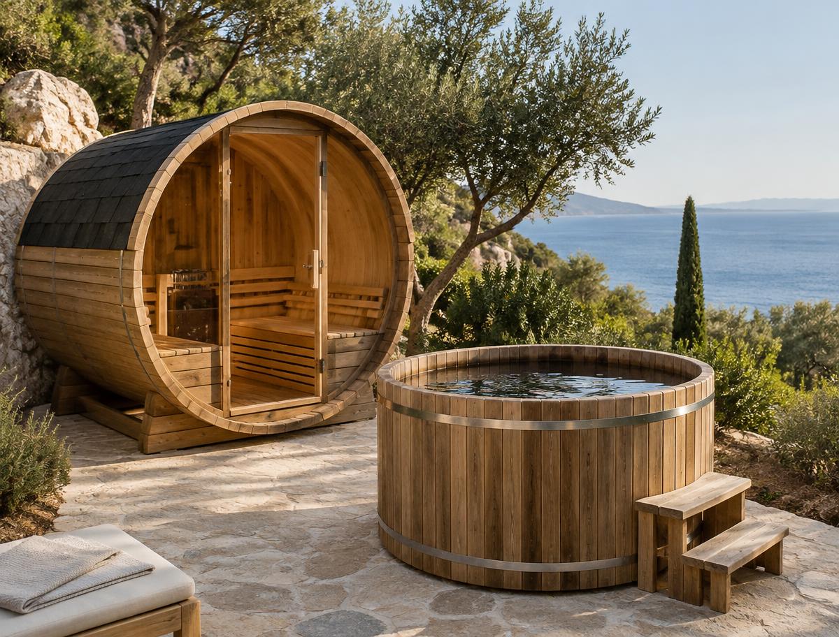 Sauna de barril y baño frío de madera en un jardín junto al mar — visualización conceptual
