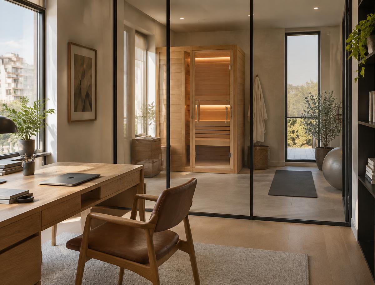 Despacho en casa junto a una sala wellness acristalada con sauna compacta — visualización conceptual