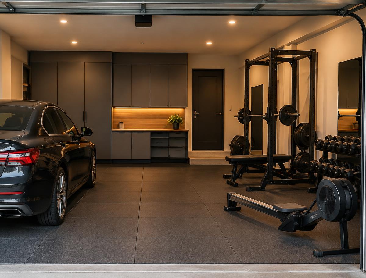 Garaje con coche aparcado y zona de gimnasio con rack, banco y remo — visualización conceptual