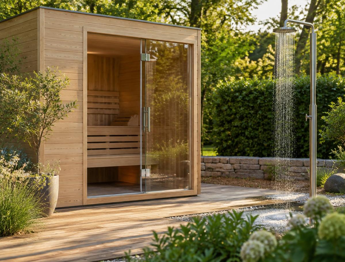 Sauna de jardín con ducha exterior opcional sobre tarima de madera — visualización conceptual