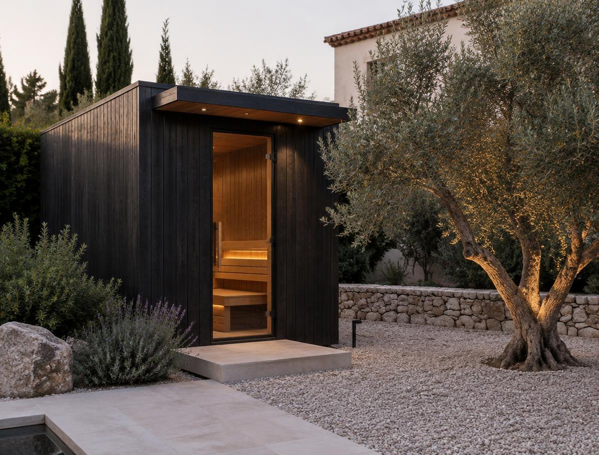 Sauna exterior contemporánea de madera negra con pequeña marquesina en un jardín con olivo — visualización conceptual