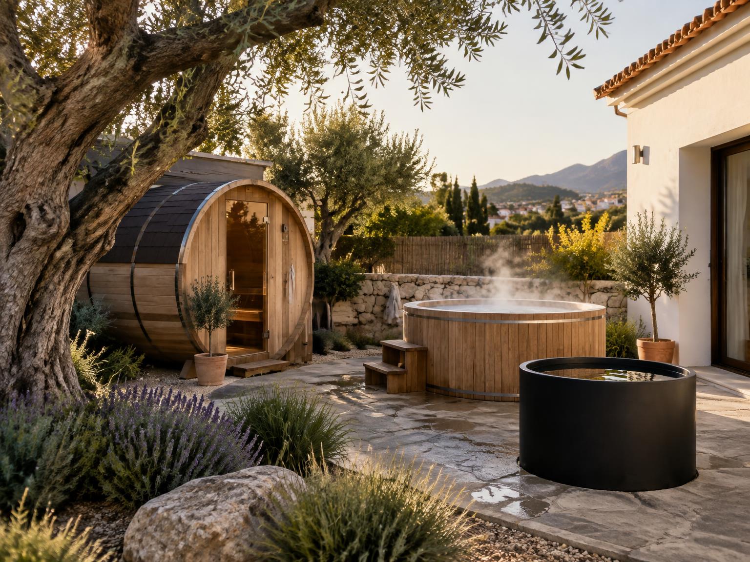 Jardín de una vivienda con sauna exterior, jacuzzi de madera y baño de frío