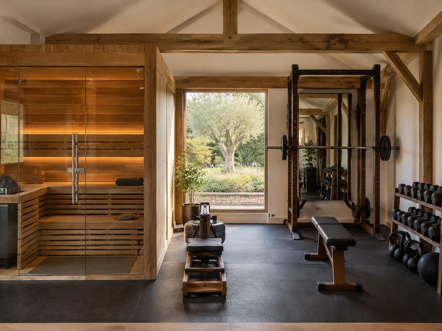Anexo residencial con sauna acristalada y zona de entrenamiento con rack, banco y remo