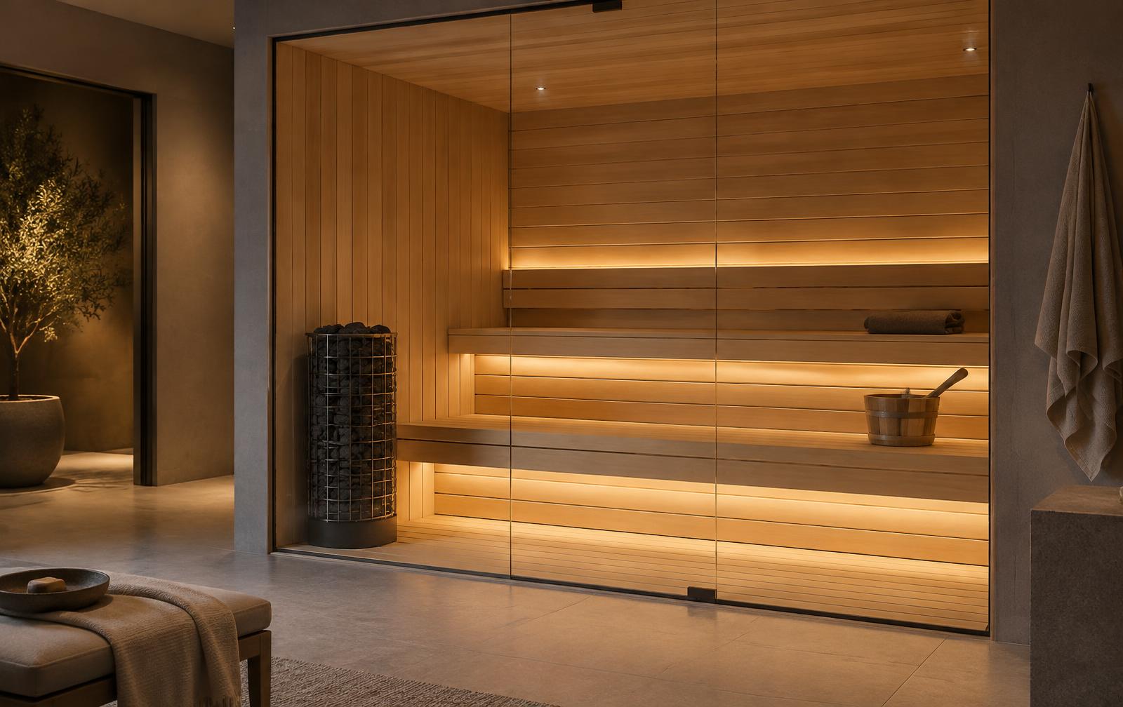 Interior de una sauna doméstica de madera con bancos, puerta de vidrio y estufa de piedras