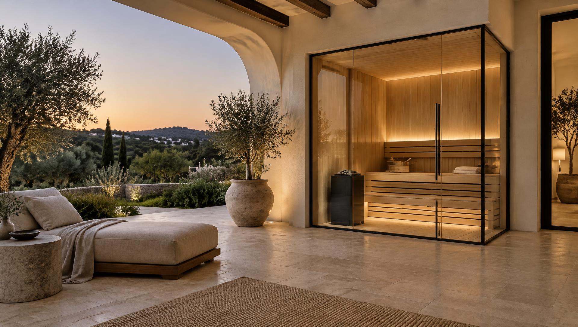Sauna a medida de madera y cristal integrada en una terraza cubierta