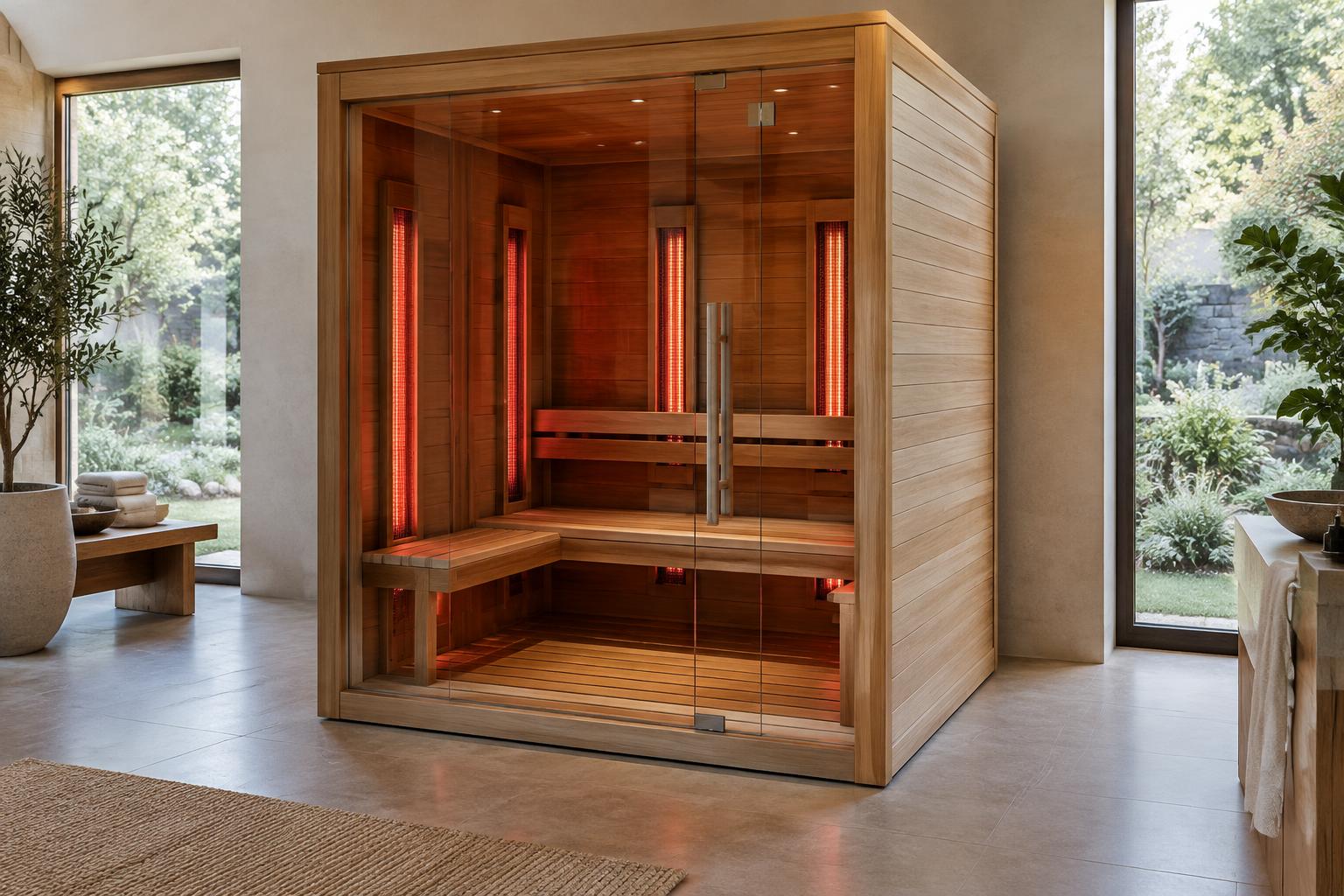 Vista completa de sauna de infrarrojos acristalada con emisores visibles, en interior