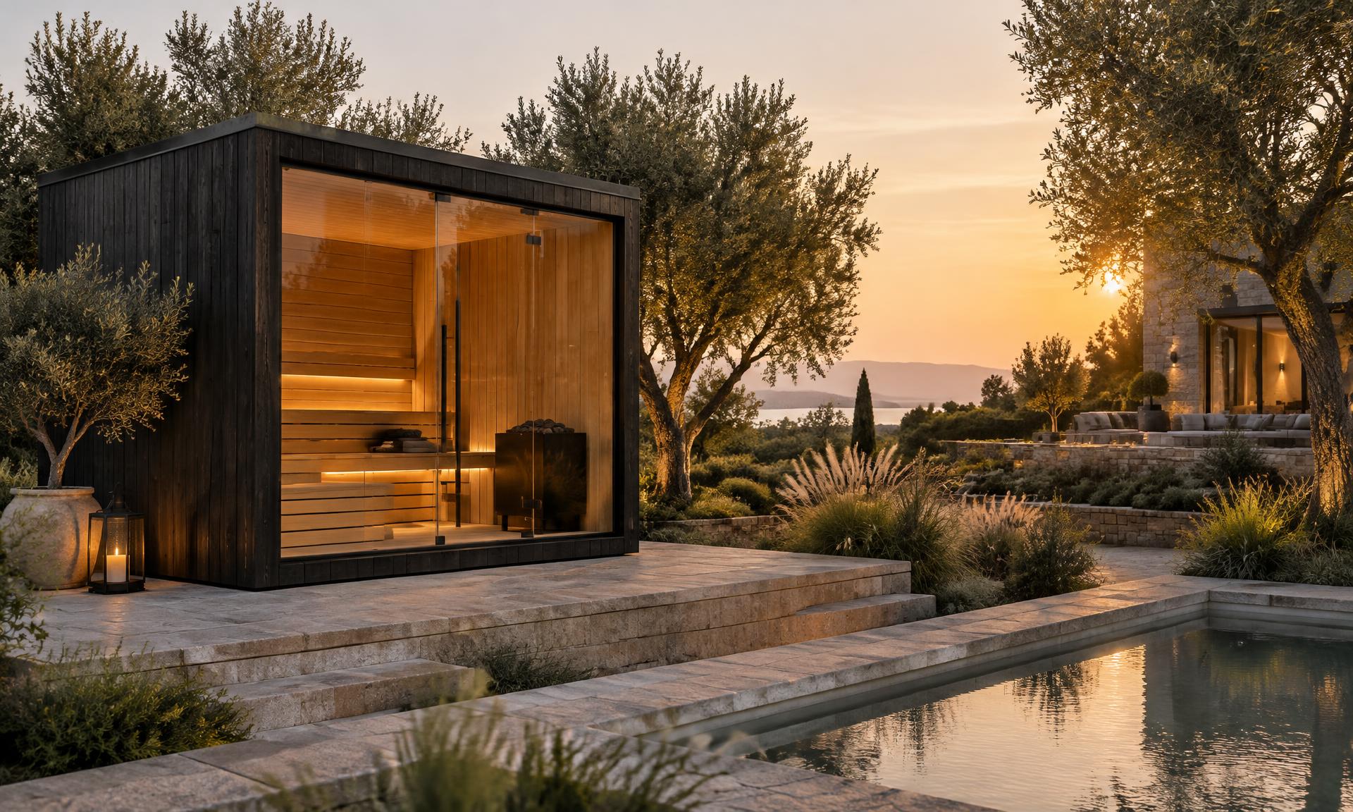 Sauna exterior de madera oscura con frente de cristal en el jardín de una vivienda