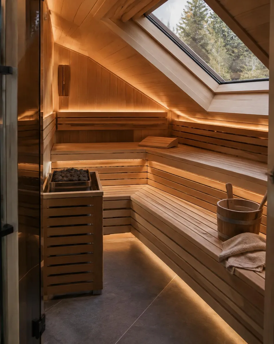 Sauna de madera adaptada a una buhardilla con techo inclinado y bancos en ángulo — ambiente conceptual