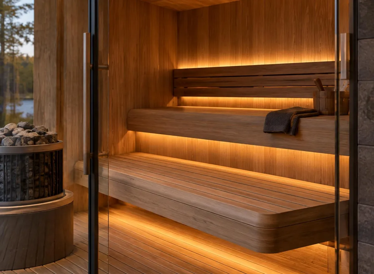 Detalle de bancos de madera a dos niveles con iluminación cálida indirecta y estufa de piedras — ambiente conceptual