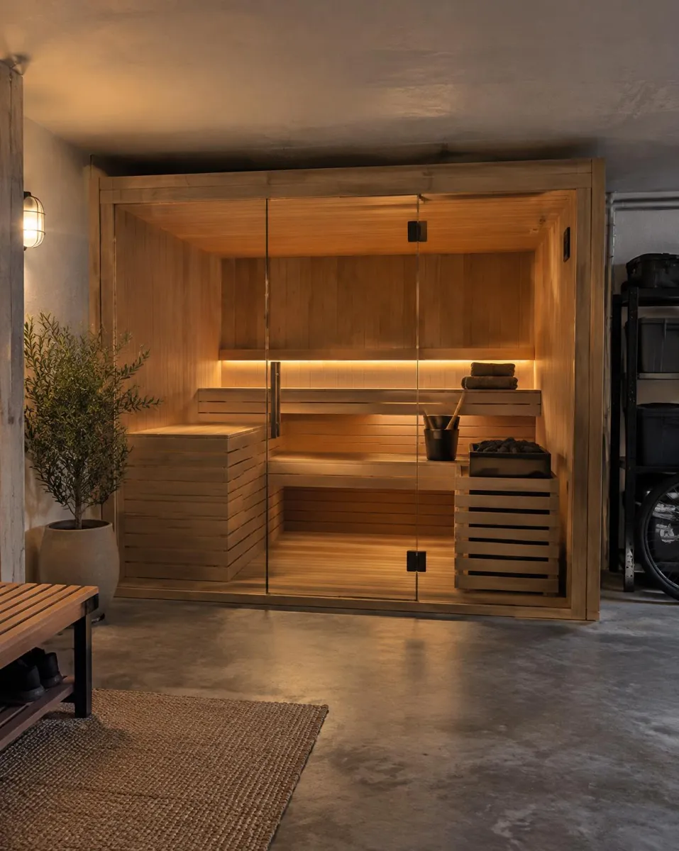 Sauna acristalada a medida en un garaje reformado con suelo de hormigón — ambiente conceptual