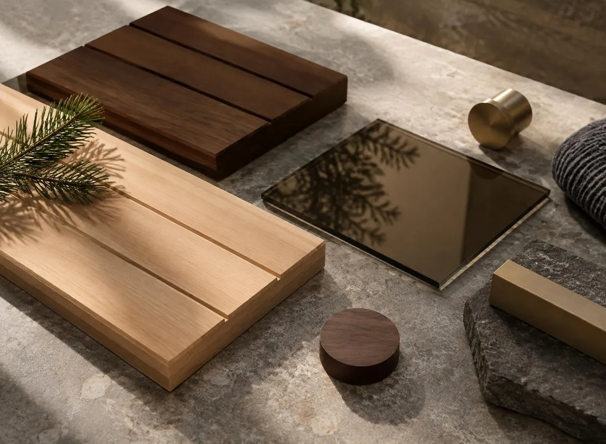 Muestras de maderas, cristal tintado y acabados metálicos para una sauna — ambiente conceptual