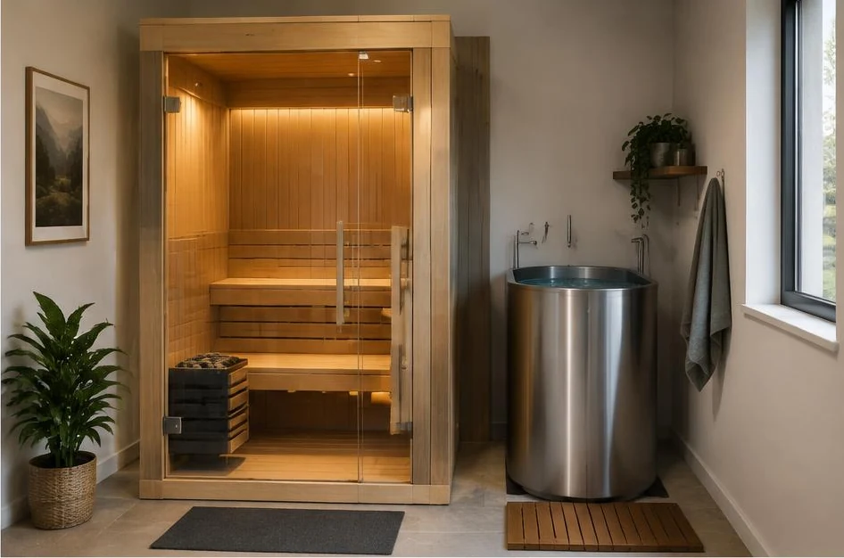 Espacio compacto con sauna y barril de inmersión — ambiente conceptual
