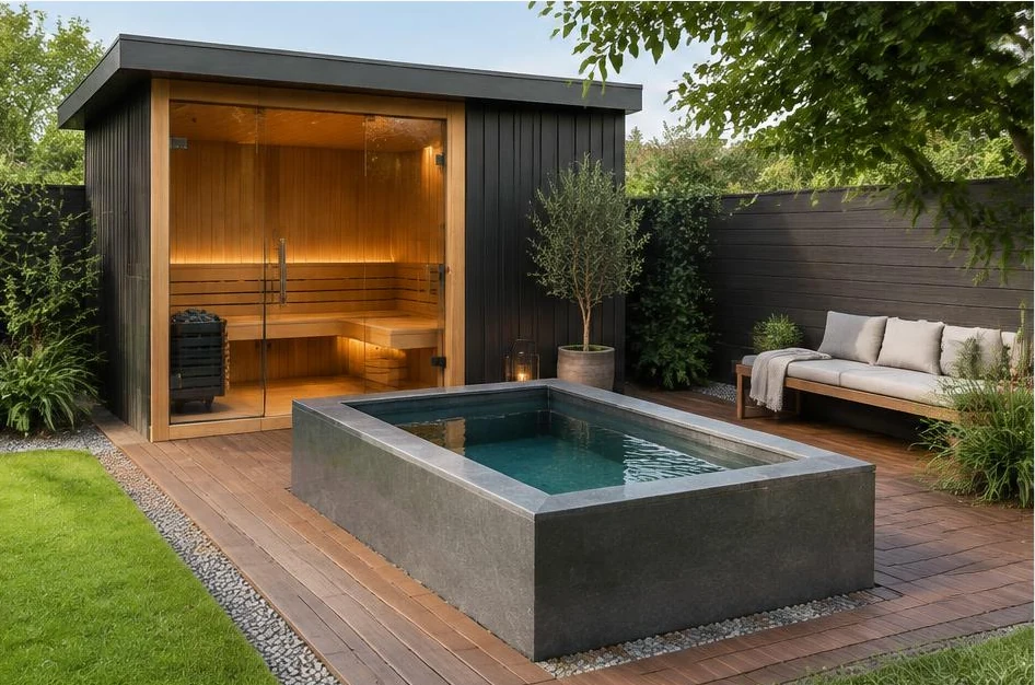 Sauna, baño frío y descanso en un jardín privado — ambiente conceptual
